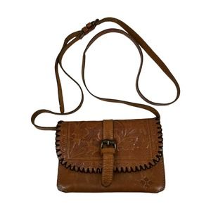 Patricia Nash Torri Tooled Brown Leather Crossbody Bag Boho Retro Floral Small